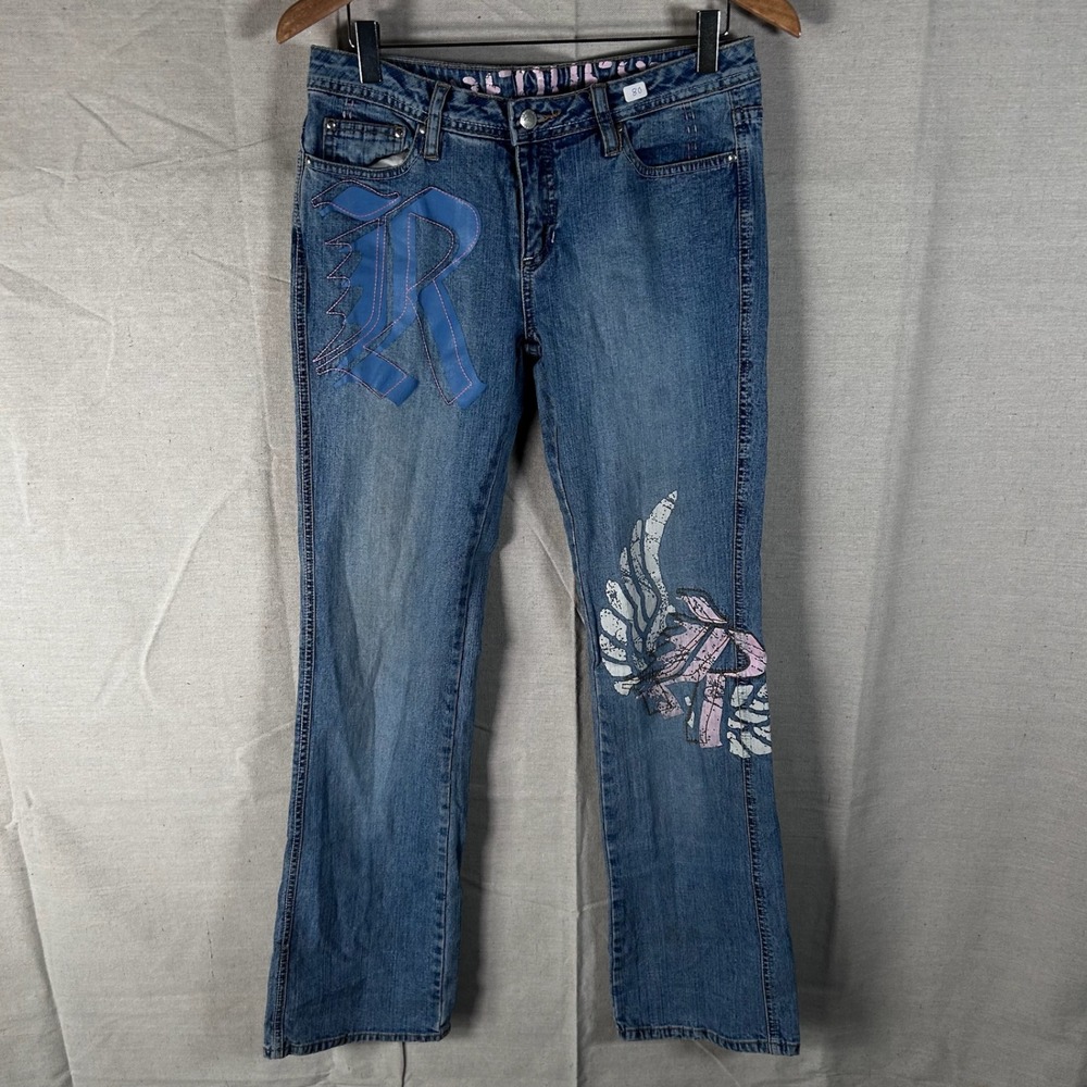 Vintage‎ Y2K Request Jeans Womens 28 Blue Wing Graphic Bootcut Denim Pants